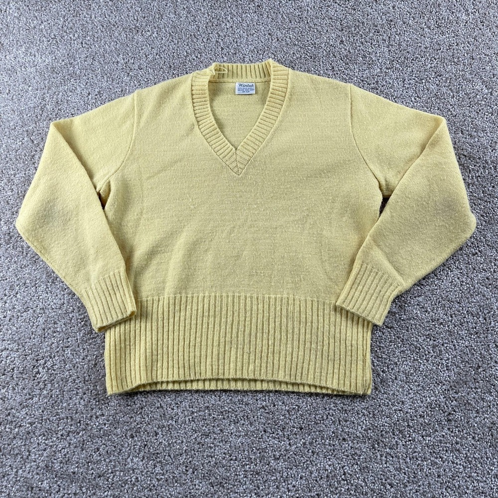 Vintage 60s Wintuk Sweater Womens Medium Yellow V Neck Knit Long Sleeve Pullover